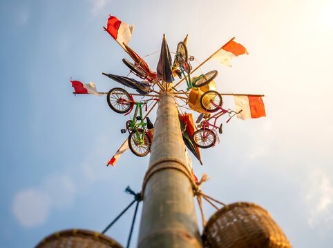 Traditional Panjat Pinang Pole with Bicycles and Indonesian Flags