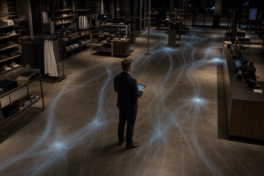 Man navigates glowing data streams within a silent retail realm at dusk