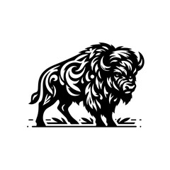 Fototapeta premium Tribal Bison Emblem: A stylized black and white illustration of a bison, featuring intricate tribal patterns adorning its powerful form, stands resolutely on a patch of grass.