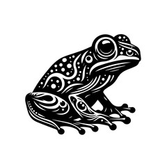Naklejka premium Tribal Frog Tattoo Design: A stylized frog, rendered in a striking black and white tribal art style, showcases intricate patterns and bold lines, perfect for graphic design or body art inspiration.