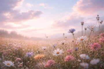 Obraz premium Serene wildflower meadow at sunrise.
