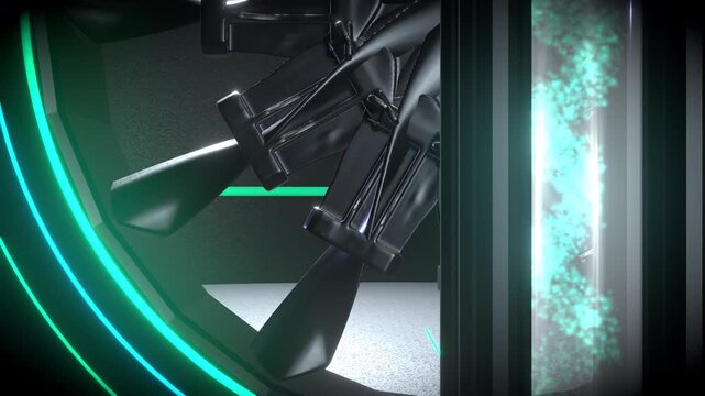 Right-aligned negative space framing around a Eco-friendly decarbonization turbine featuring a glowing green and cyan clean tech.