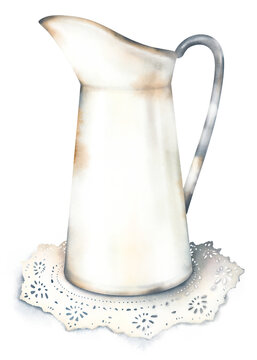 Delicate watercolor hand drawn illustration of a vintage white ceramic pitcher on a lace doily, soft shadow, isolated on white background. Farm kitchen object. Simple light cottage core illustration