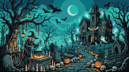 Fototapeta premium Evil witch mixes a glowing potion on a stone altar in a graveyard filled with ghosts and a path of skulls.