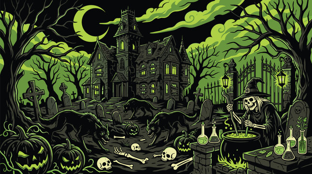 Skeletal witch stirs a green cauldron while black wolves roam a haunted graveyard beneath a crescent moon.