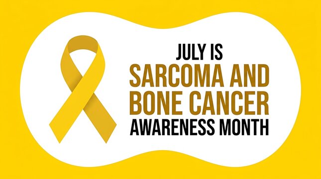 Awareness month yellow ribbon emblem symbol for sarcoma and bone cancer support campaign graphic featuring july text message on clean bright minimalist background for medical outreach.