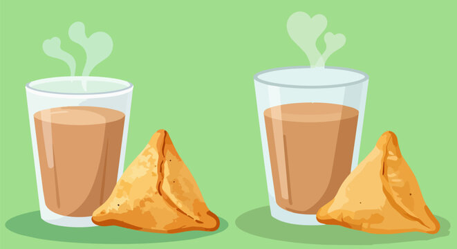 Traditional Indian chai tea, samosa snacks, vector illustration, food and drink, cultural icons