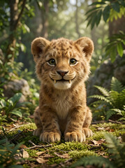 Obraz premium Adorable baby lion cub with spots sitting in a lush green jungle forest under soft golden sunlight illustration