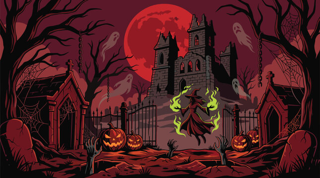 Floating witch uses green magic in a red graveyard with ghosts and zombie hands rising near a ruined castle.