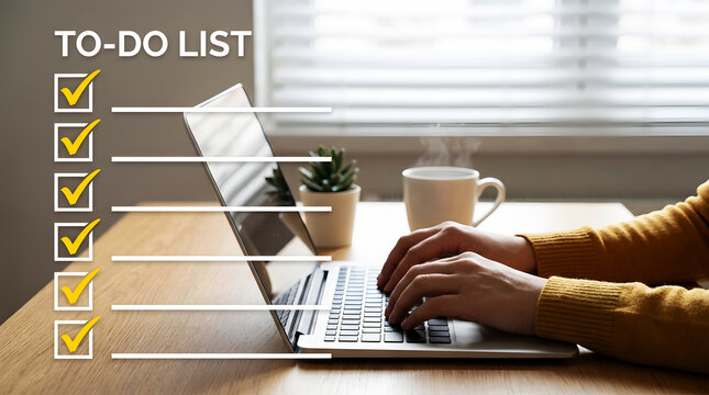 Person typing on laptop with completed to do list and steaming coffee cup to-do checklist