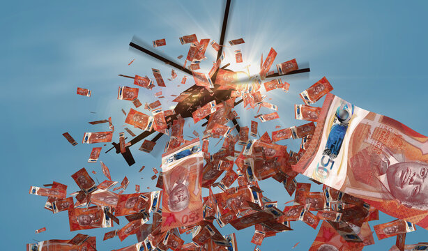 Barbados 50 dollar BBD 50 banknotes helicopter money dropping 3d illustration