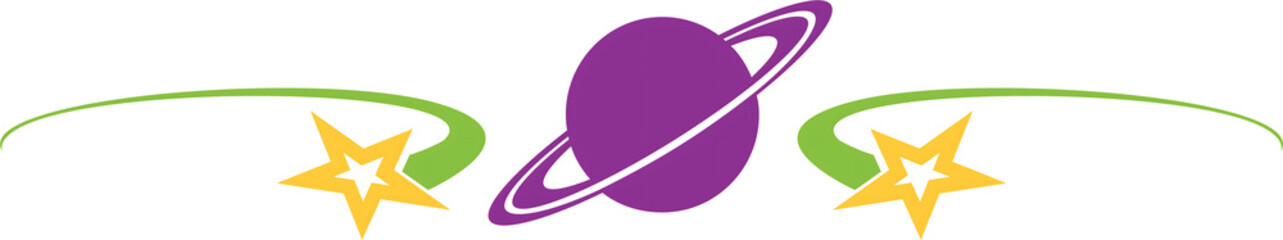 Purple planet with rings and yellow stars with green swoosh lines isolated on transparent background © SIRIN