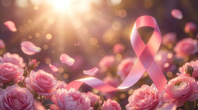 Graceful pink breast cancer awareness ribbon amidst blooming roses and soft sunlight petals creating hopeful atmosphere for charity campaign and global support during medical research.
