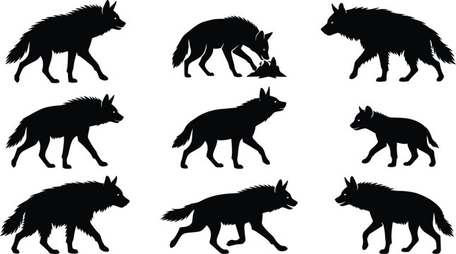 Hyena Silhouette Vector Collection Featuring Spotted Brown and Striped Species in Active Walking Running and Feeding Poses Graphic Shapes