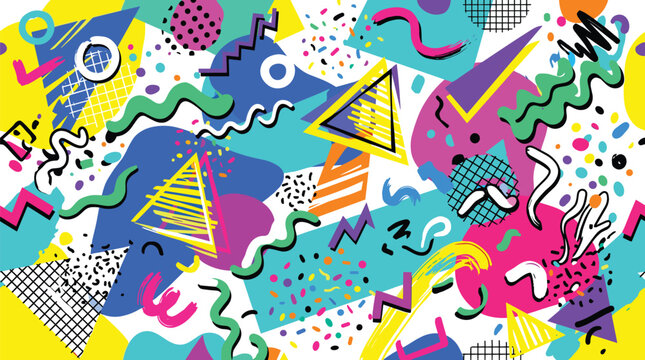 Abstract seamless pattern in nineties memphis style with colorful geometric shapes squiggles confetti dots and retro grid elements