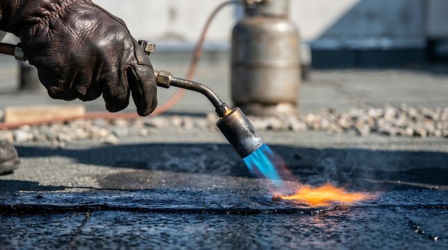 Roofer using blowtorch to melt bitumen roofing membrane on flat rooftop with gravel and gas cylinder in background, detailed close-up shot.