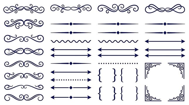 Collection of decorative vintage ornamental dividers and borders for graphic design elements, including swirls, lines, waves, arrows, brackets, and corners.