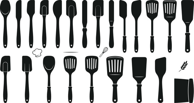 Kitchen spatula and silicone scraper silhouette icon set for cooking baking pastry chef utensil tool vector collection