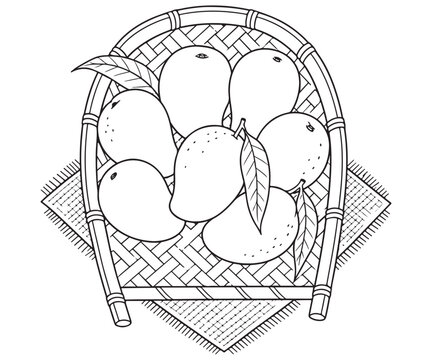 Fresh Harvest Mangos in a Traditional Woven Bamboo Basket Coloring Page