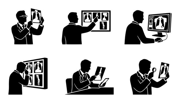 Doctor Examining X-rays, Medical Diagnostics Set, Healthcare Professionals Analyzing Radiographs, Clinical Research Icons, Silhouette Vector Illustrations