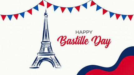 Bastille Day greeting card with Eiffel Tower sketch, French national holiday celebration banner, red white and blue bunting flags on white background