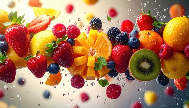 Fresh mixed fruits suspended dynamically with vibrant colors, realistic textures and premium commercial photography style