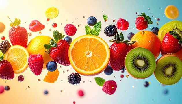 Healthy fruit assortment floating dynamically with bright colors and premium product marketing appeal