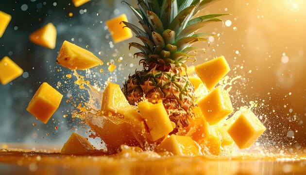 Tropical fruit explosion featuring mango, pineapple and papaya pieces suspended in dynamic motion