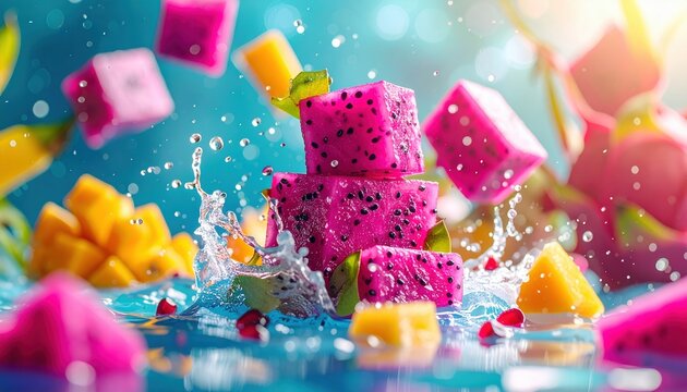 Dragon fruit cubes floating alongside tropical ingredients with vivid colors and premium presentation
