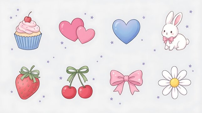 Cute kawaii sticker set with bunny cupcake heart strawberry cherry bow and flower elements for design
