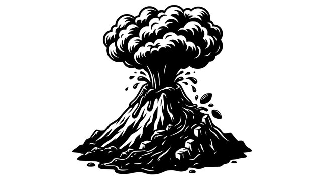 Exploding Volcano Black and White Illustration - Volcanic Eruption