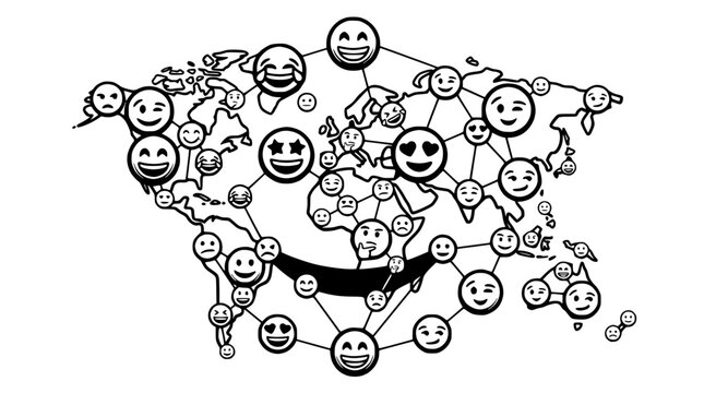 Global Emoji Network: Connecting World Map with Happy Faces and Social Media Icons