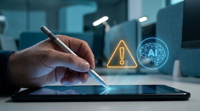 Close up of human hand holding stylus interacting with futuristic tablet displaying AI and warning symbol in modern office environment innovation concept.