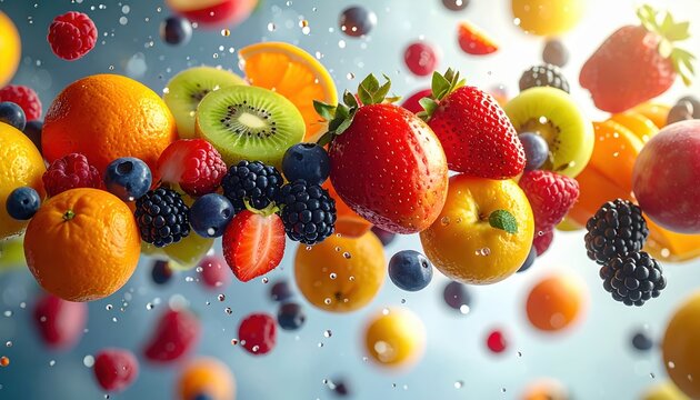Fresh mixed fruits suspended dynamically with vibrant colors, realistic textures and premium commercial photography style