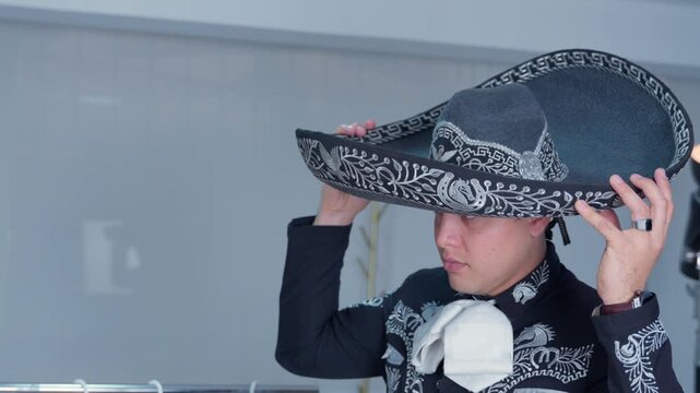 Mexican mariachi musician putting on traditional sombrero hat