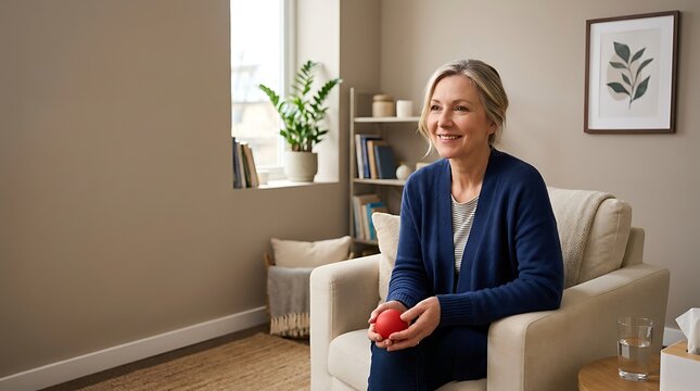 Smiling mature woman holding a red stress ball in a cozy living room