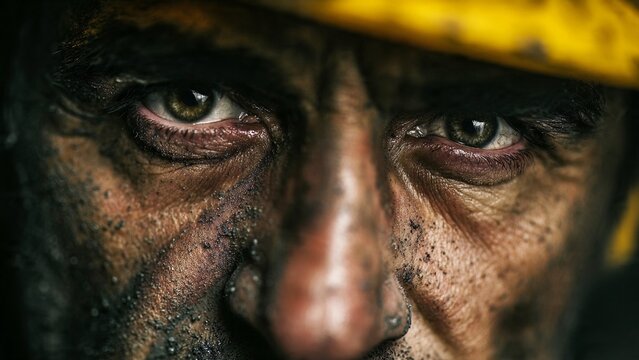 A close-up portrait of a dirty man with a yellow hard hat looking directly at the camera