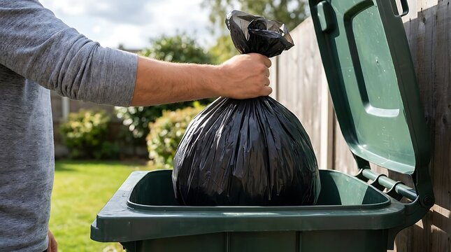 Person placing black garbage bag into green wheeled bin in garden, disposing of waste and household rubbish, tidying up home and environment.