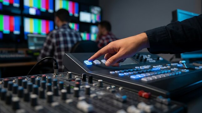 Close up of hand pressing illuminated buttons on video production mixing console in studio with multiple monitors displaying colorful test patterns and blurred people working.