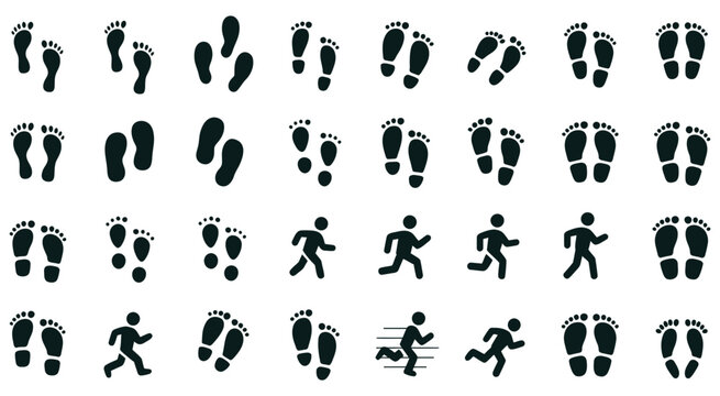 Human Footsteps and Footprint icon set Showcasing Walking Trail Silhouettes, Shoe Prints and Path symbols in vector format.