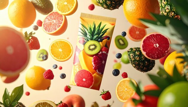 Exotic fruits suspended around a premium packaging design with vibrant colors and modern marketing style