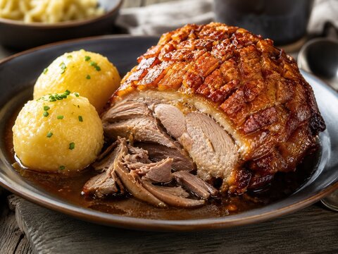 Fr&auml;nkisches Sch&auml;ufele mit knuspriger Kruste, dunkler Bratenso&szlig;e und zwei Kartoffelkl&ouml;&szlig;en &ndash; traditionell deutsches Sonntagsgericht aus der regionalen K&uuml;che.