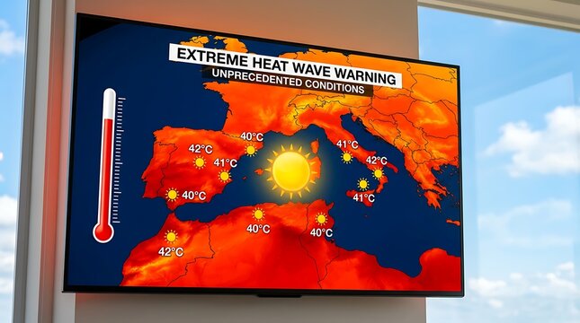 Extreme heat wave warning shows unprecedented conditions across Europe with high temperatures displayed on map and thermometer showing danger levels.
