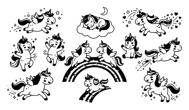 Magical Cartoon Unicorns in Playful Fantasy Poses Vector Collection