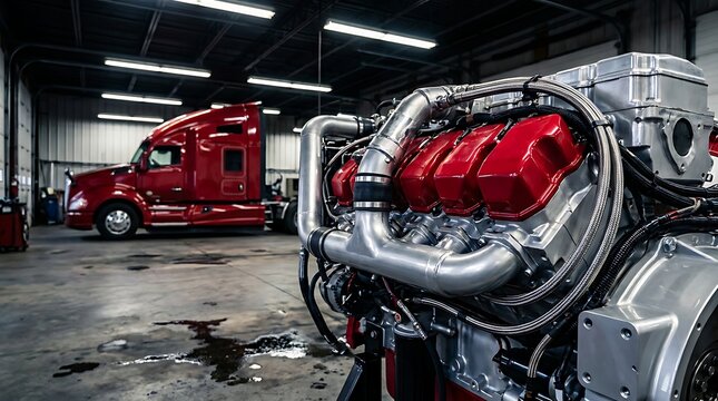 Red semi truck parked in a modern service garage with a powerful diesel engine on display in foreground, industrial workshop setting with good lighting, repair and maintenance.