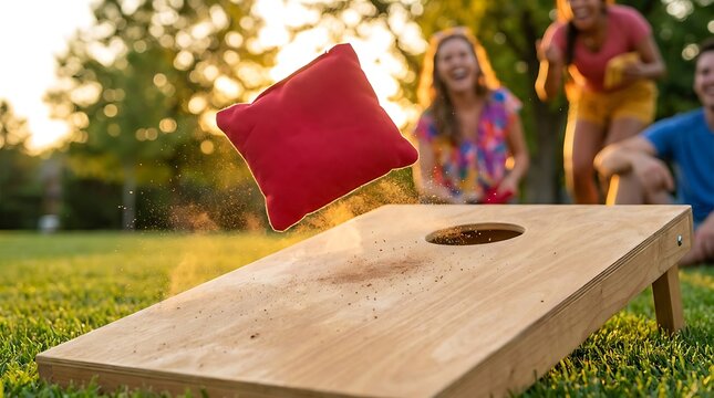 Bean bag toss game, cornhole boards, red bag mid-air, blurred people playing in park at sunset, outdoor recreation, fun lawn game, summer activity, friendly competition.