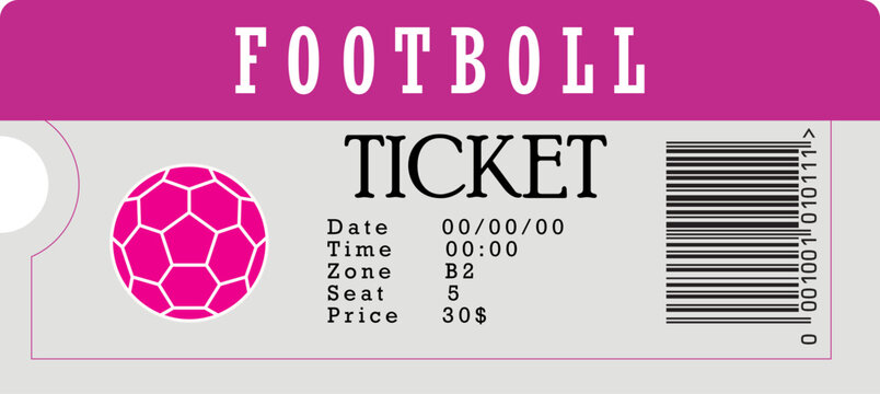 Pink football ticket with soccer ball and barcode 