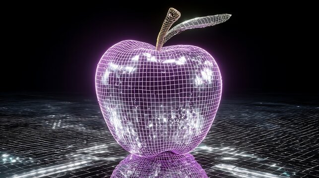 3d rendering of a glowing purple wireframe globe floating over dark reflective water surface