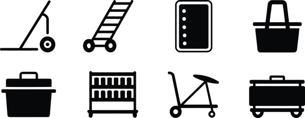 Set of black icons representing retail carts shelves ladders and shopping baskets © Milon Store