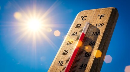 Fototapeta premium Sunny sky with thermometer showing high temperature indicating summer heatwave danger and extreme weather conditions across land.